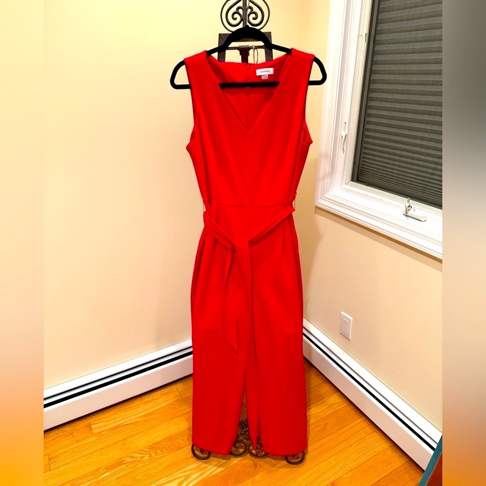 Calvin Klein Red Sleeveless V-Neck Jumpsuit with Waist Tie